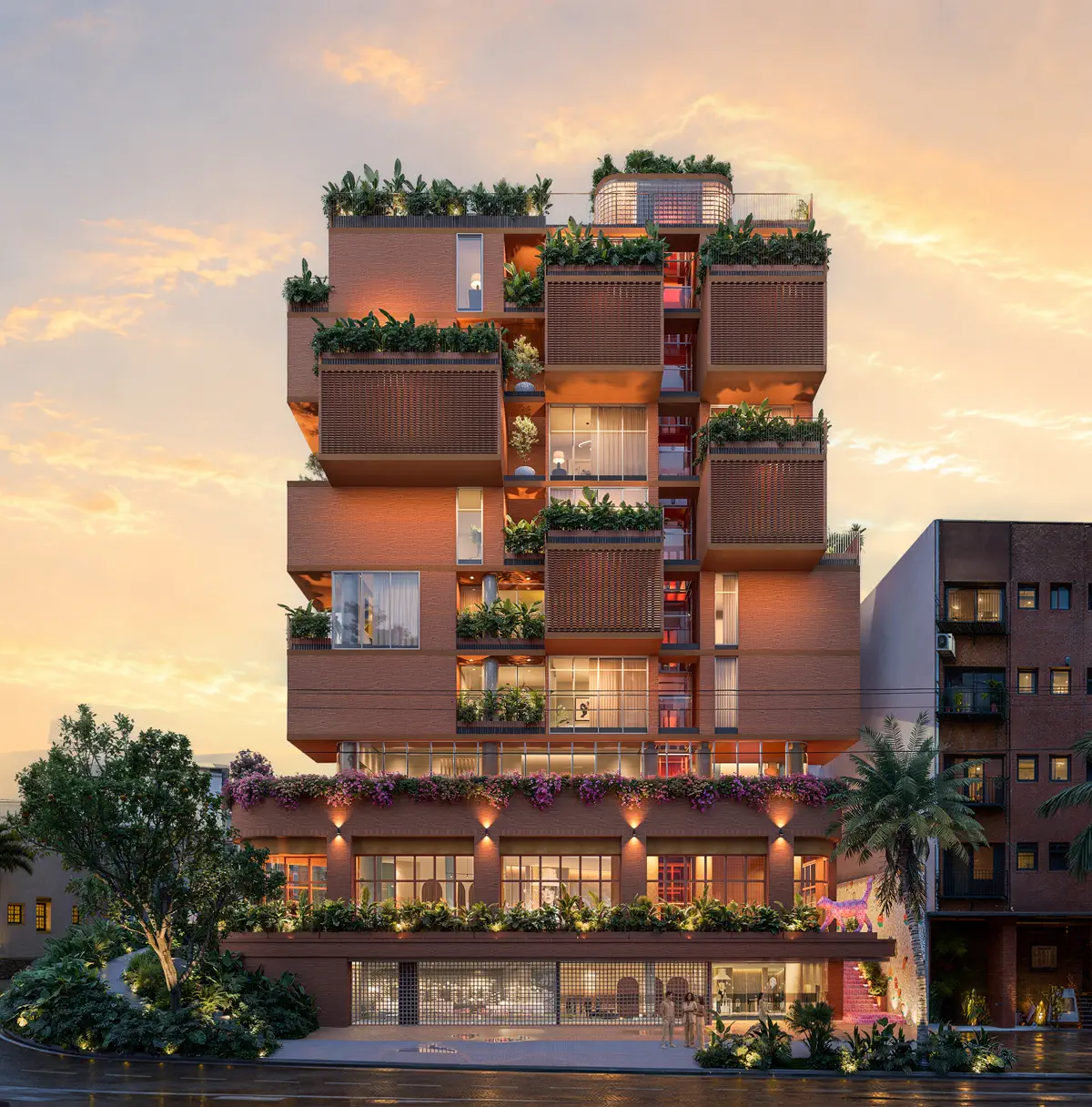 Fachada lateral de Florentino al atardecer, con sus balcones de ladrillo escalonados sobre los locales a nivel de calle